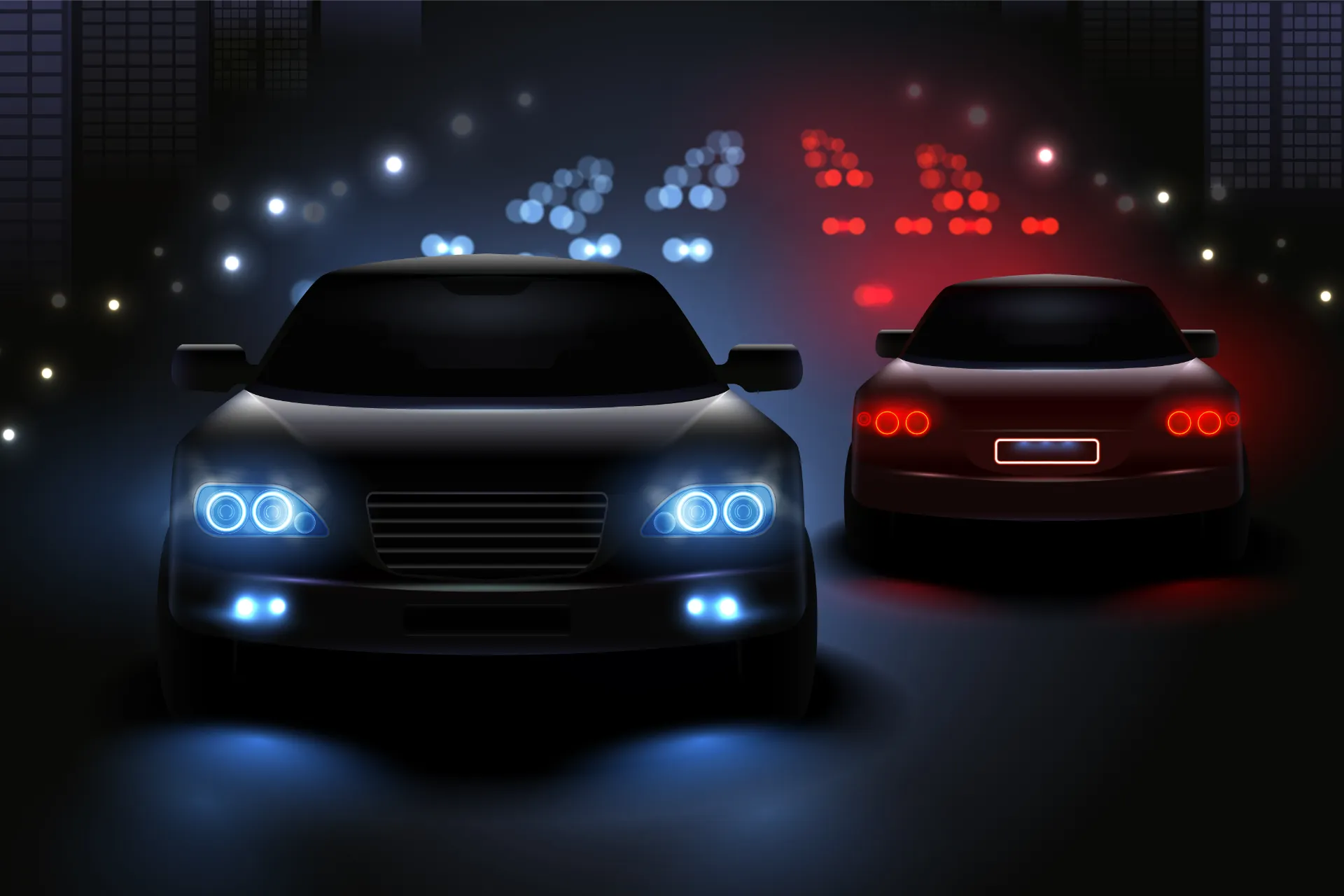 Two cars with headlights on at night